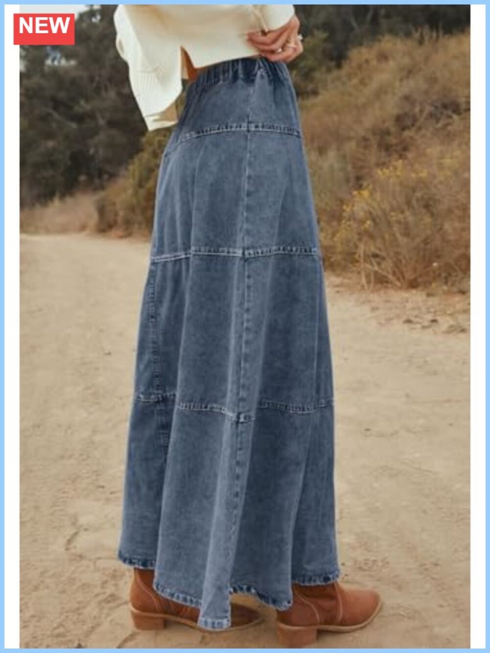 Women's High Waist Denim Maxi Skirt A-Line Tiered Patchwork Western - Picture 4 of 6